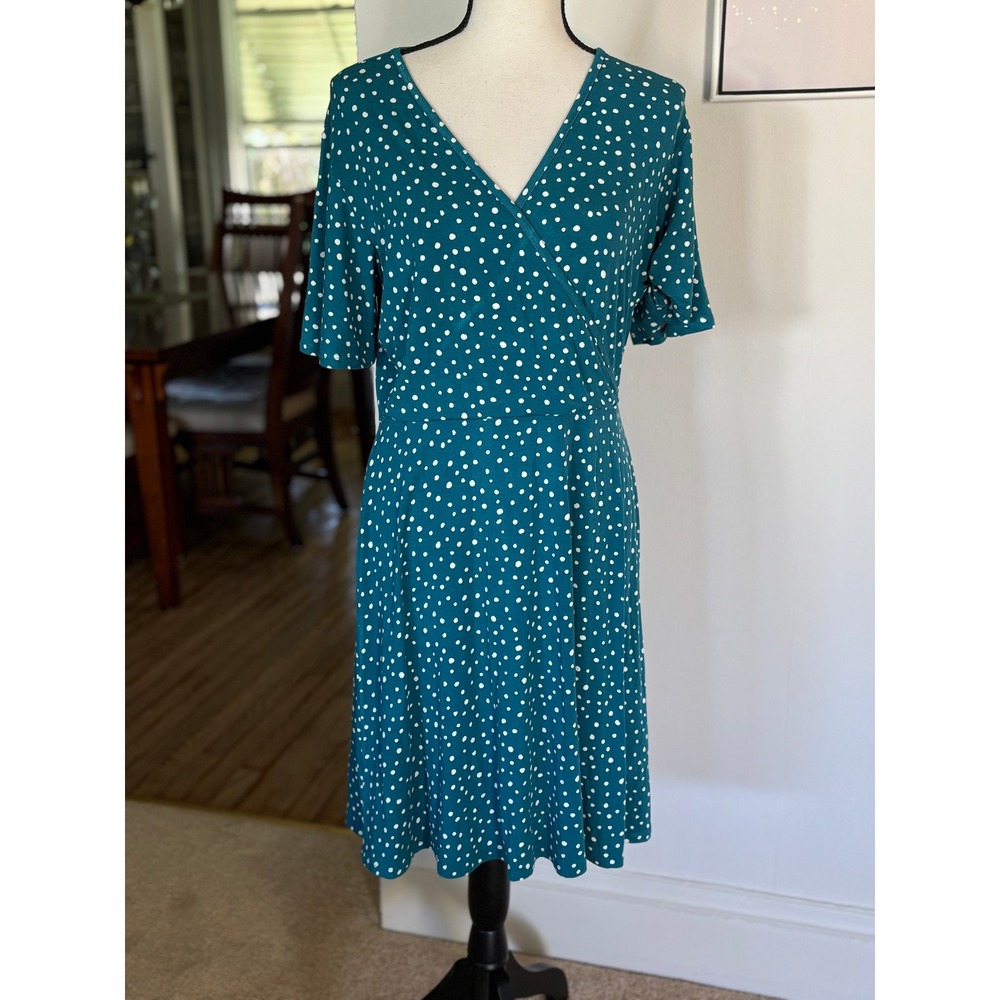 41 Hawthorn Elisse Surplice Dress Sz Large Teal Green Polka Dot